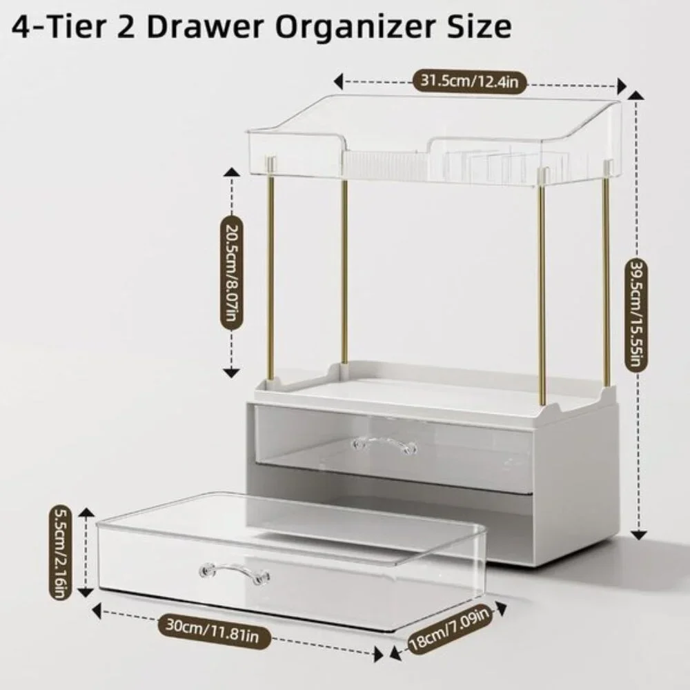 New 4-Tier Clear Bathroom Organizer, 2-Drawer Makeup & Skincare Vanity Storage
